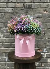 Цветочная композиция из Гипсофила и Розы в шляпной коробке в Дмитрове