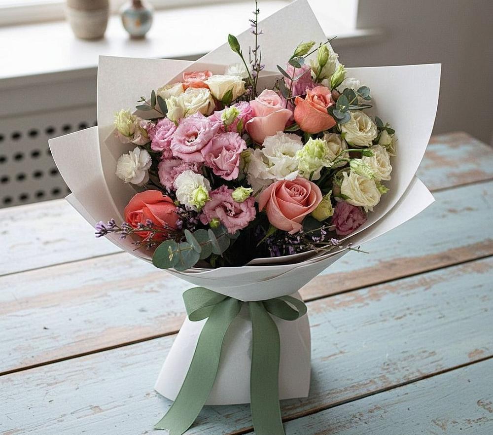 Букет цветов из: Розы, Лизиантусы и Гвоздики в Дмитрове