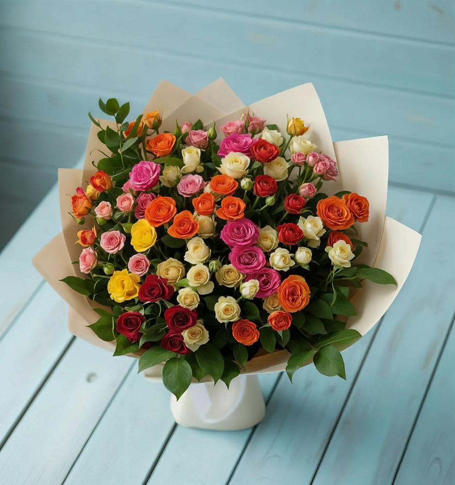 Букет Микс из разноцветных кустовых роз в Дмитрове