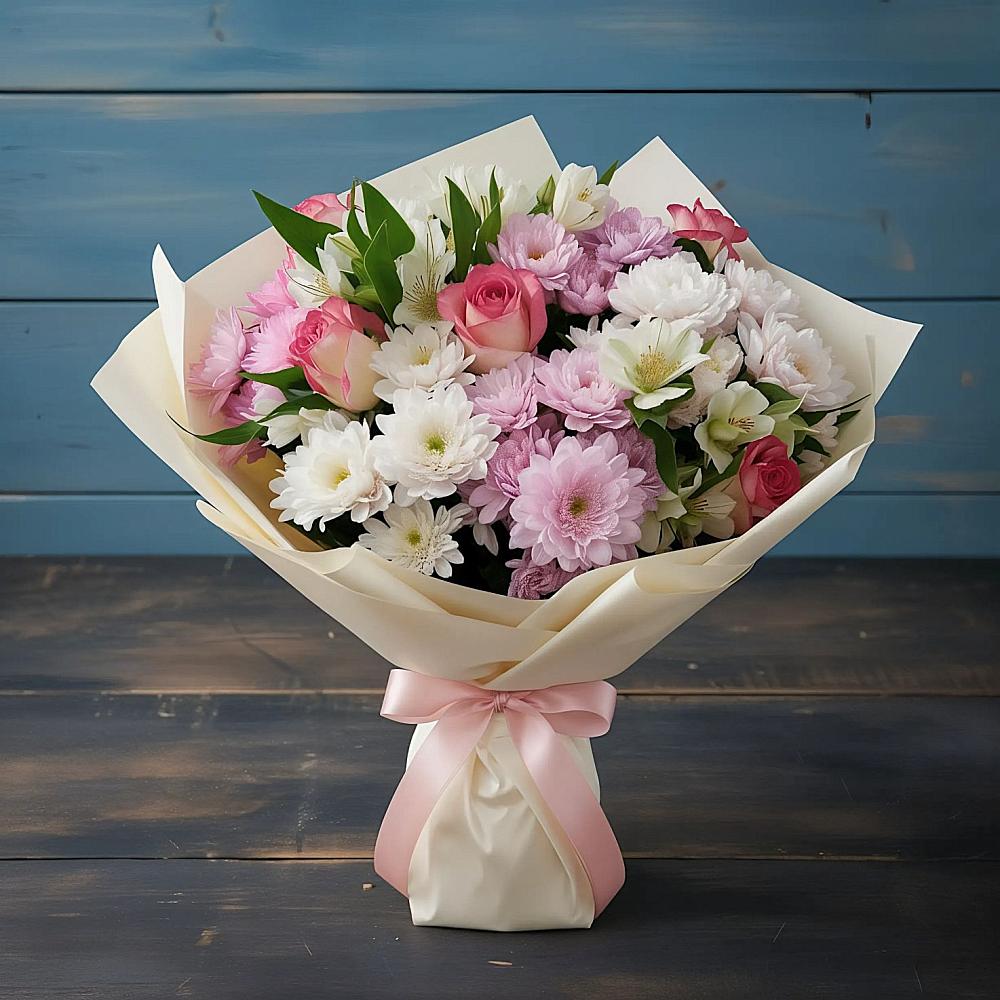 Букет цветов из: Хризантемы, Альстромерии и Розы в Дмитрове